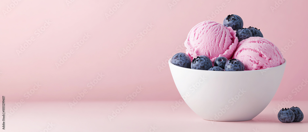 Delicious pink ice cream scoops topped with fresh blueberries in a white bowl against a soft pink background. Delicious pink ice cream scoops topped with fresh blueberries in a white bowl against a soft pink background.