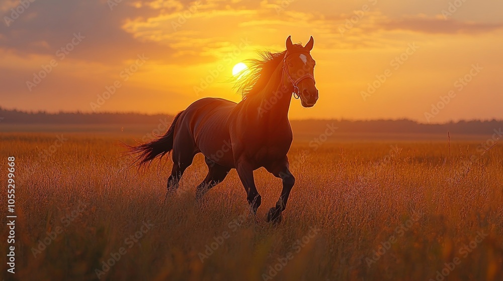 A Brown Horse Running Through a Field at Sunset A Brown Horse Running Through a Field at Sunset