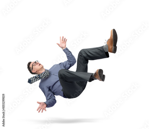 Quadro su tela Situation, a man in office clothes, a tie and glasses falls from heaven to earth, isolated on a transparent background png