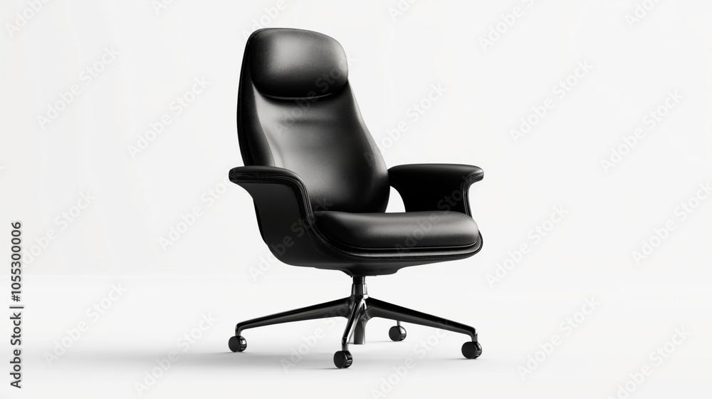 Elegant black leather office chair with cushioned seat and armrests on caster wheels, against plain white background. Elegant black leather office chair with cushioned seat and armrests on caster wheels, against plain white background.