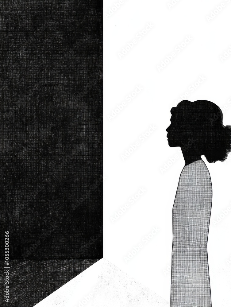 A profile silhouette of a woman stands against a stark, contrasting black and white geometric background, representing introspection and duality in artistic expression. A profile silhouette of a woman stands against a stark, contrasting black and white geometric background, representing introspection and duality in artistic expression.