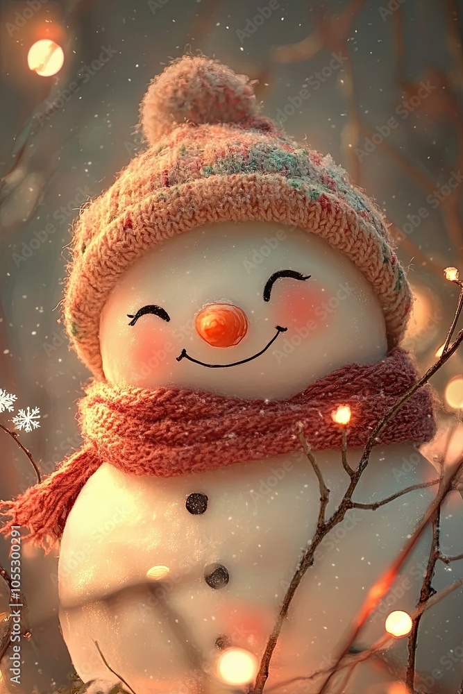 Obraz premium Cute snowman, night lights, warm colors, white Christmas trees, snowflakes in the background. Cute winter, festive background.