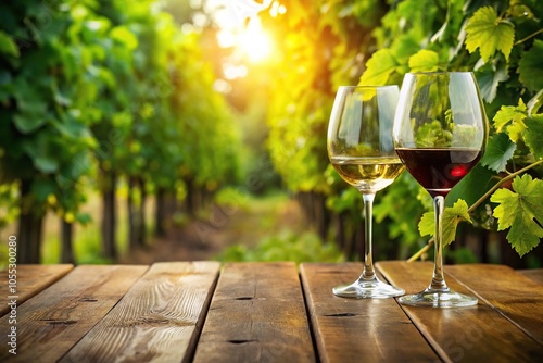 Wine glasses placed on a wooden table surrounded by lush greenery and vines, wooden furniture, nature elements, natural ambiance, vine, outdoor setting