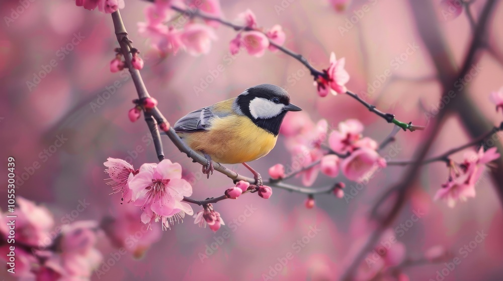 Naklejka premium Bird Perched on Blooming Pink Tree Branch