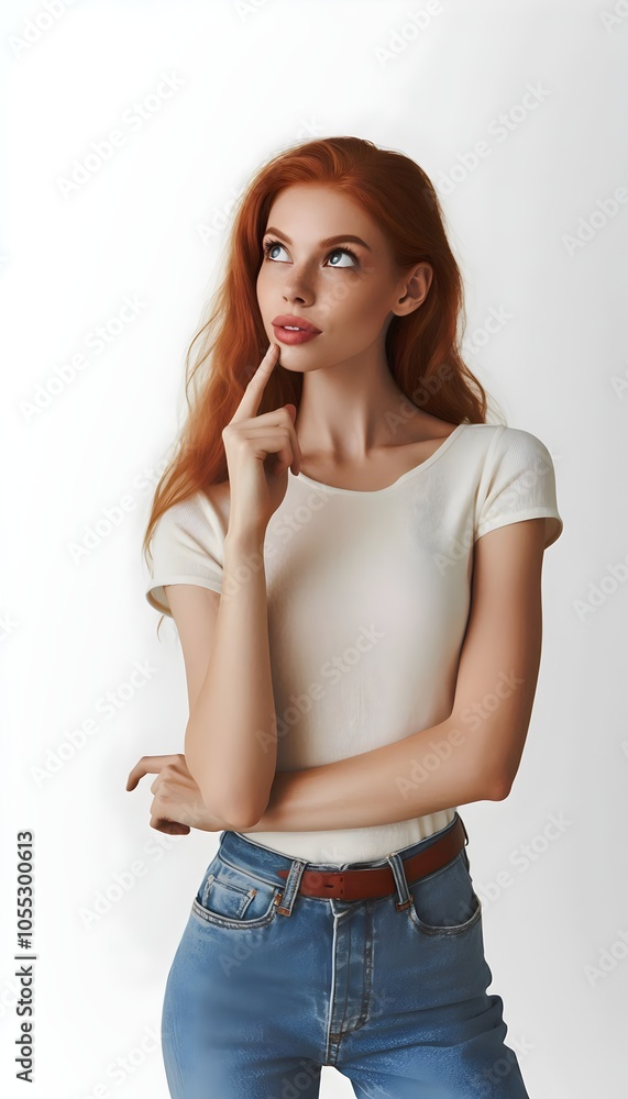 White Woman in Her 30s with Deep-Red Hair in Modern High School Outfit, Isolated on White Background, Thoughtful Expression White Woman in Her 30s with Deep-Red Hair in Modern High School Outfit, Isolated on White Background, Thoughtful Expression