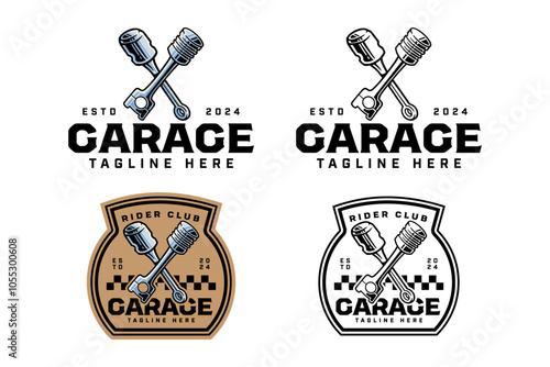 car motorcycle engine piston crossed colorful and outline logo design set for garage, automotive, motorcycle club vehicle engine pistons illustration badge logo template for rider, racing sport