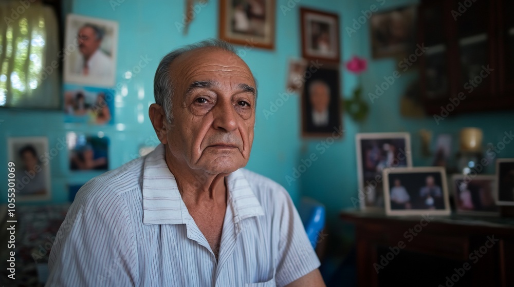 Elderly man in a white shirt sitting in his living room, surrounded by family photos on the wall. Elderly man in a white shirt sitting in his living room, surrounded by family photos on the wall.