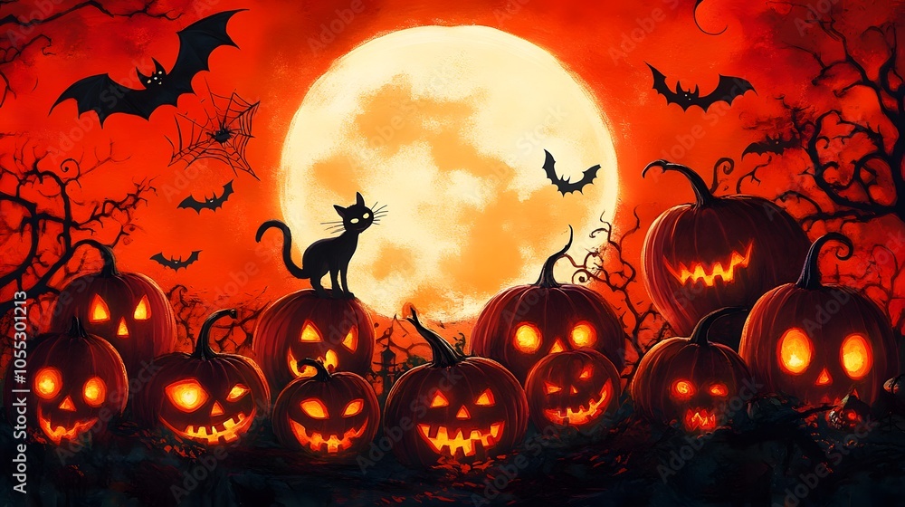 Spooky Halloween Scene with Glowing Jack-o'-lanterns and Full Moon Spooky Halloween Scene with Glowing Jack-o'-lanterns and Full Moon