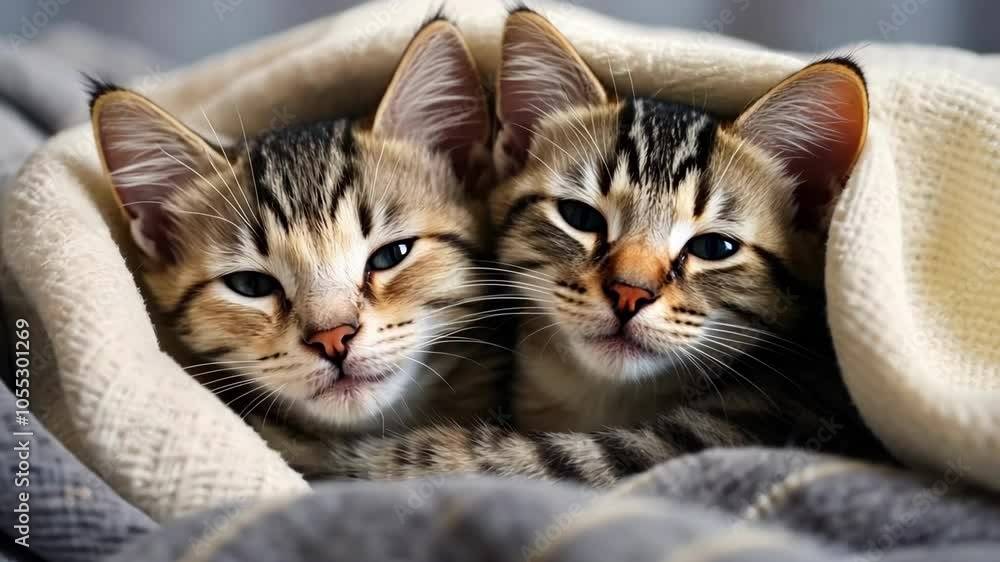 Two striped kittens are lying and sleeping in embrace Two striped kittens are lying and sleeping in embrace