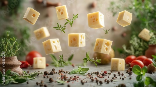 Cheese cubes floating mid-air, surrounded by herbs and spices, set against a soft-focus background, creating a surreal, magical effect photo