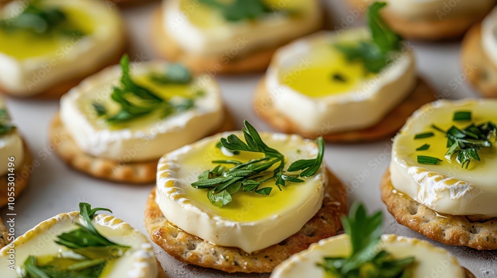 Small cheese bites on crackers, garnished with fresh herbs and olive oil drizzle, detailed close-up, bright and appetizing Small cheese bites on crackers, garnished with fresh herbs and olive oil drizzle, detailed close-up, bright and appetizing