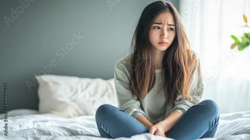 A woman is sitting on a bed with her head down