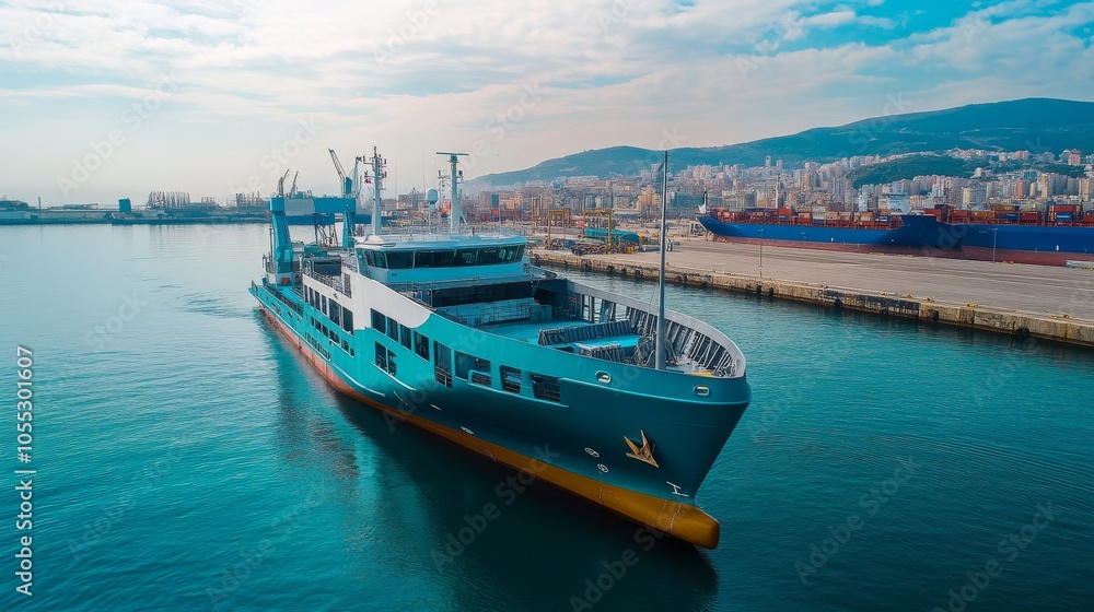 Eco-friendly cargo ship powered by hydrogen, docked at port, representing sustainable freight solutions Eco-friendly cargo ship powered by hydrogen, docked at port, representing sustainable freight solutions