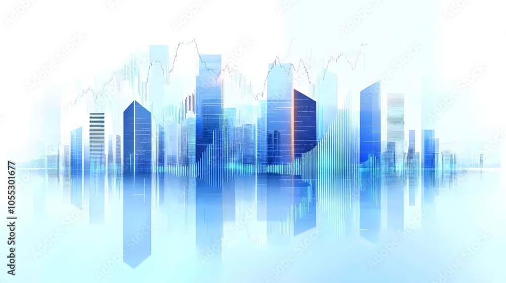Modern City Skyline with High-Rise Buildings and Transparent Blue Tones Featuring Minimalistic Data Graph Overlay, Highlighting Financial Growth Concept and Futuristic Architecture in Clean Modern City Skyline with High-Rise Buildings and Transparent Blue Tones Featuring Minimalistic Data Graph Overlay, Highlighting Financial Growth Concept and Futuristic Architecture in Clean