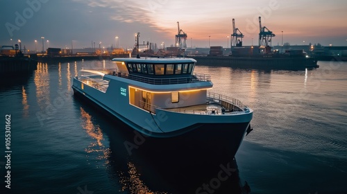 Eco-friendly cargo ship powered by hydrogen, docked at port, representing sustainable freight solutions photo