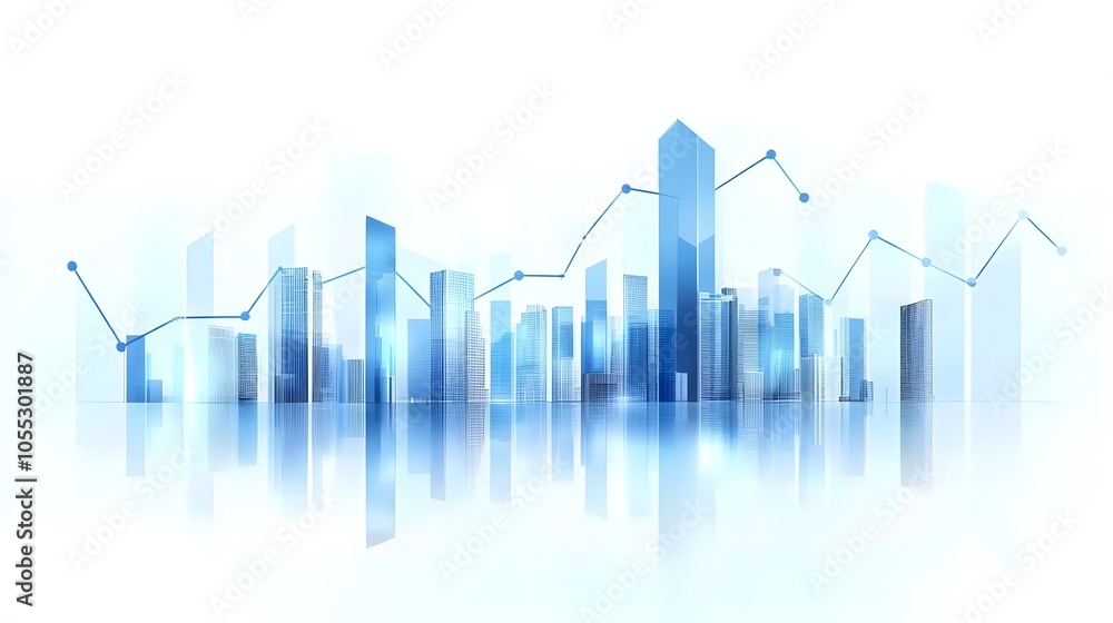 Modern City Skyline with High-Rise Buildings and Transparent Blue Tones Featuring Minimalistic Data Graph Overlay, Highlighting Financial Growth Concept and Futuristic Architecture in Clean Modern City Skyline with High-Rise Buildings and Transparent Blue Tones Featuring Minimalistic Data Graph Overlay, Highlighting Financial Growth Concept and Futuristic Architecture in Clean