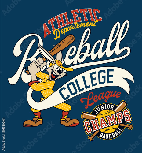 Cute cartoon bat rabbit college junior baseball league vintage vector print for children sport wear with applique embroidery patches 