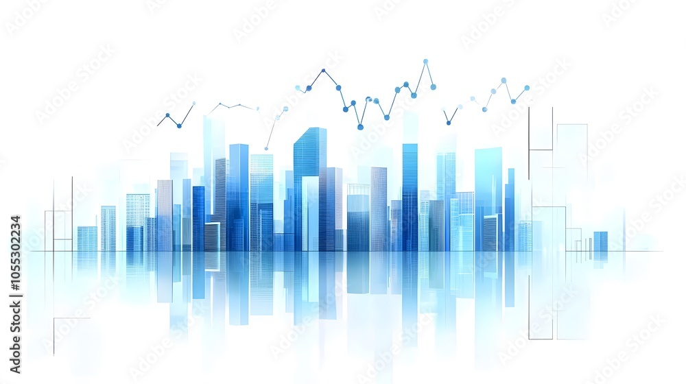 Modern City Skyline with High-Rise Buildings and Transparent Blue Tones Featuring Minimalistic Data Graph Overlay, Highlighting Financial Growth Concept and Futuristic Architecture in Clean Modern City Skyline with High-Rise Buildings and Transparent Blue Tones Featuring Minimalistic Data Graph Overlay, Highlighting Financial Growth Concept and Futuristic Architecture in Clean