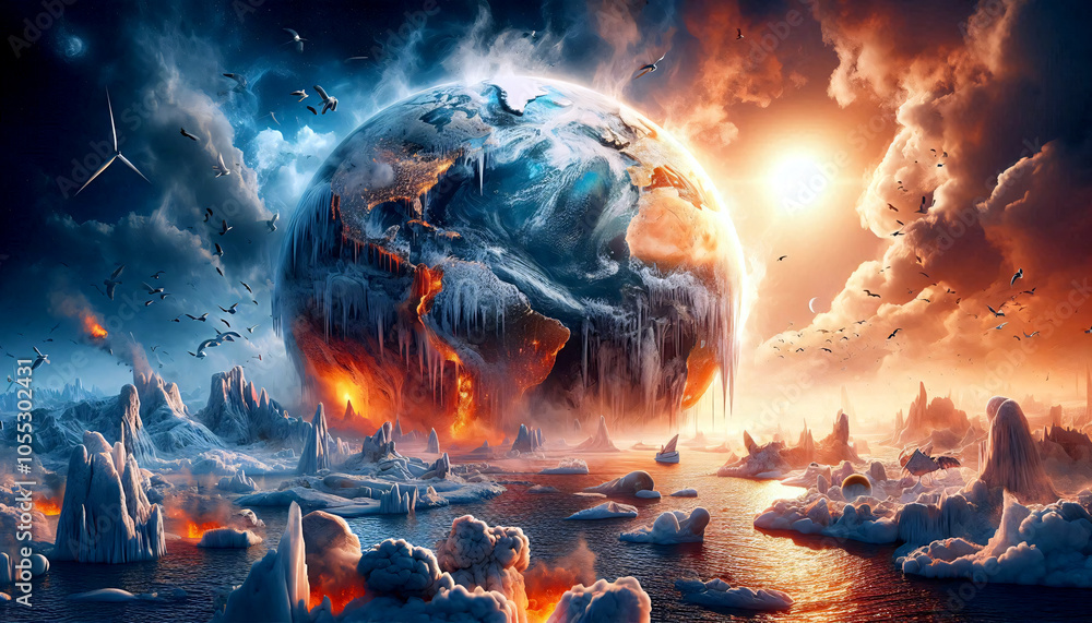 Eine glühende Erde mit rötlichen und blauen Wolken im Hintergrund. Im Vordergrund die Erdoberfläche mit Wasser und Eis. CO² Anstieg hat gravierende Folgen für die Erde, die unumkehrbar werden. Eine glühende Erde mit rötlichen und blauen Wolken im Hintergrund. Im Vordergrund die Erdoberfläche mit Wasser und Eis. CO² Anstieg hat gravierende Folgen für die Erde, die unumkehrbar werden.