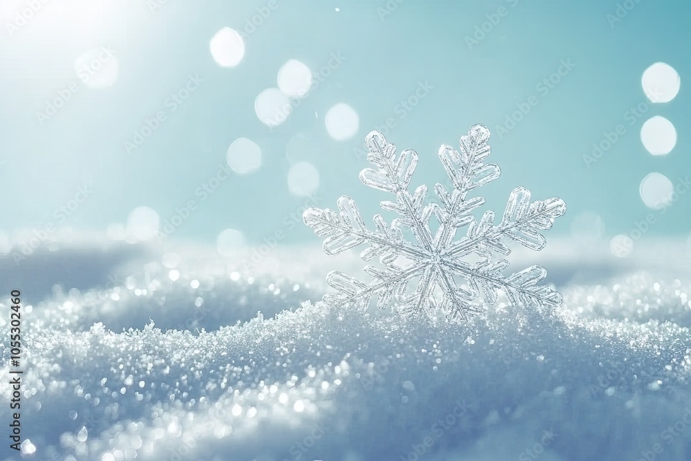Macro image of a snowflake on a sparkling blue background. Winter background, wallpaper, poster or banner Macro image of a snowflake on a sparkling blue background. Winter background, wallpaper, poster or banner