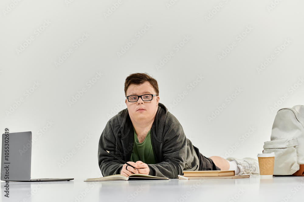 A young man with Down syndrome studies with focus in a cozy home environment. A young man with Down syndrome studies with focus in a cozy home environment.