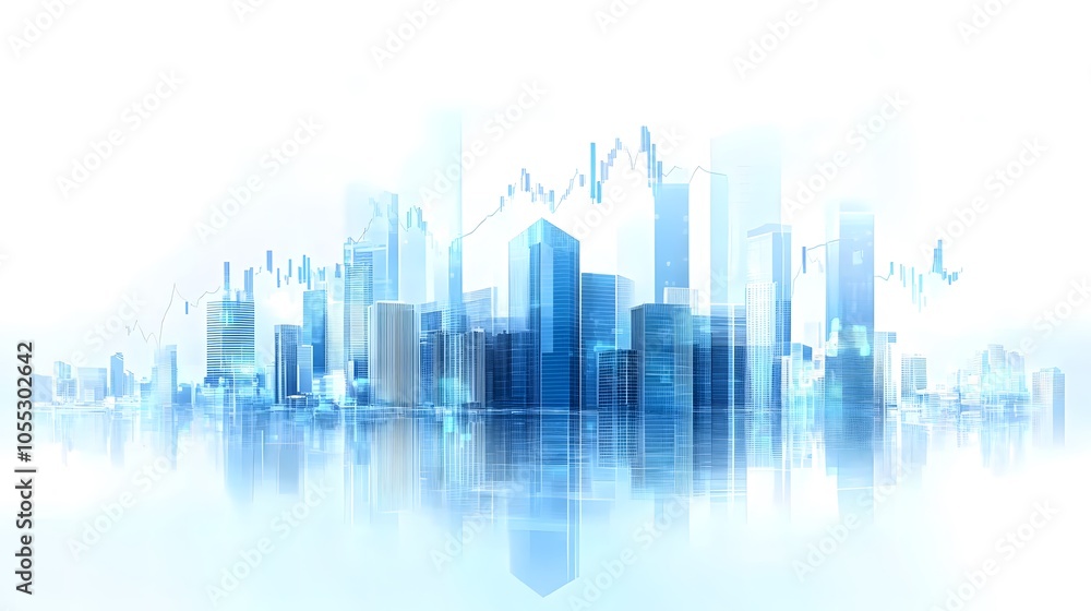 Futuristic Cityscape with Skyscrapers and Transparent Data Overlay, Featuring Digital Finance Aesthetic in Blue and White Tones, Reflecting Economic Growth and Technology-Driven Urban Landscape Futuristic Cityscape with Skyscrapers and Transparent Data Overlay, Featuring Digital Finance Aesthetic in Blue and White Tones, Reflecting Economic Growth and Technology-Driven Urban Landscape