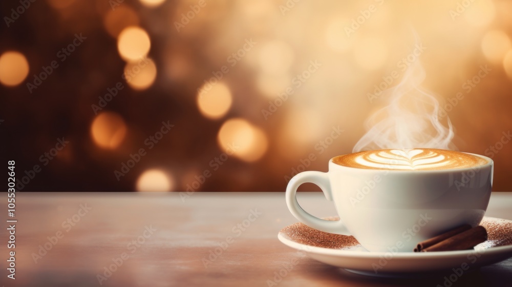 Cup of coffee with slowly rising steam on a festive Christmas background Cup of coffee with slowly rising steam on a festive Christmas background