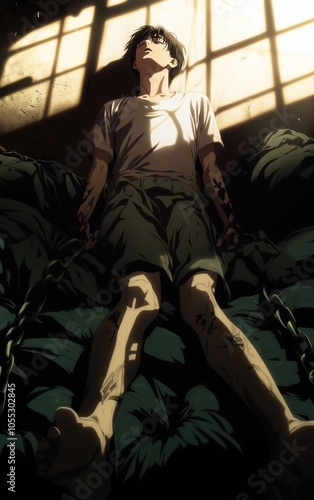 A young person lies on a bed in a dimly lit room, visibly trapped by chains and surrounded by shadows during daytime