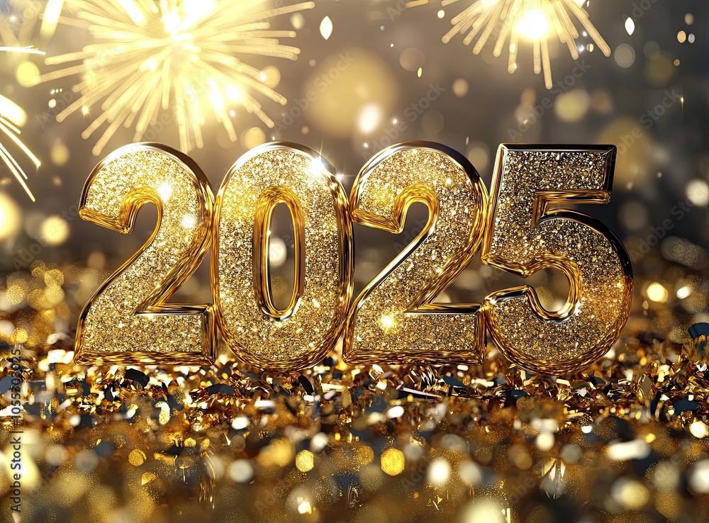 Golden 2025 on golden background and fireworks. The concept of celebration for the New Year's Eve party. Golden 2025 on golden background and fireworks. The concept of celebration for the New Year's Eve party.