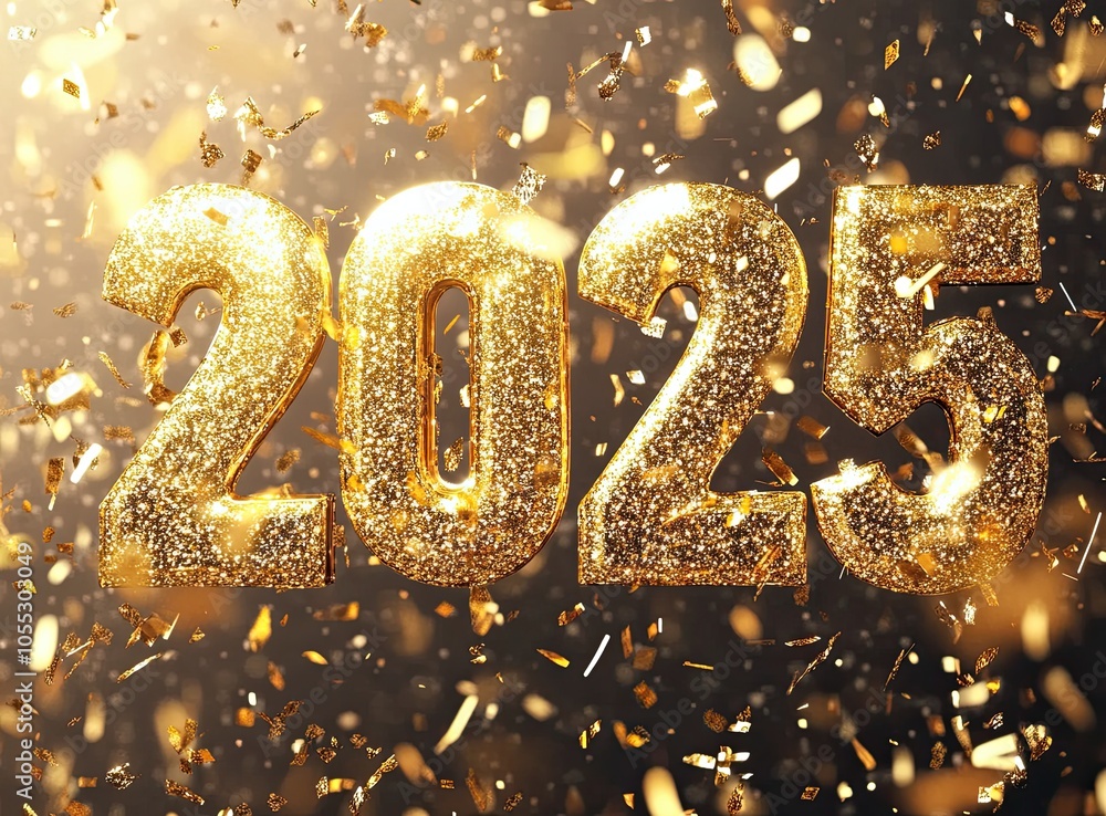Golden 2025 on golden background and fireworks. The concept of celebration for the New Year's Eve party. Golden 2025 on golden background and fireworks. The concept of celebration for the New Year's Eve party.