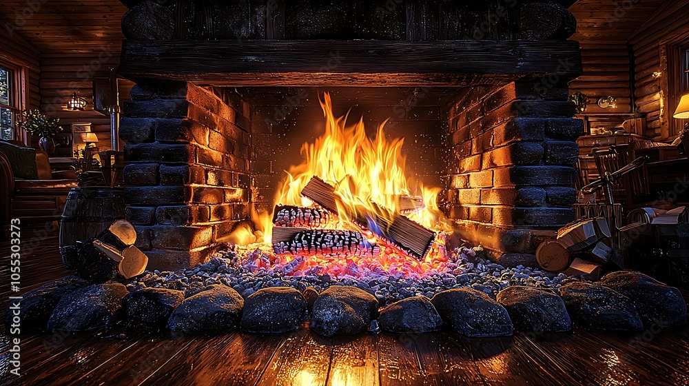 A roaring fire in a brick fireplace with logs burning and embers glowing, set in a cozy log cabin interior. A roaring fire in a brick fireplace with logs burning and embers glowing, set in a cozy log cabin interior.