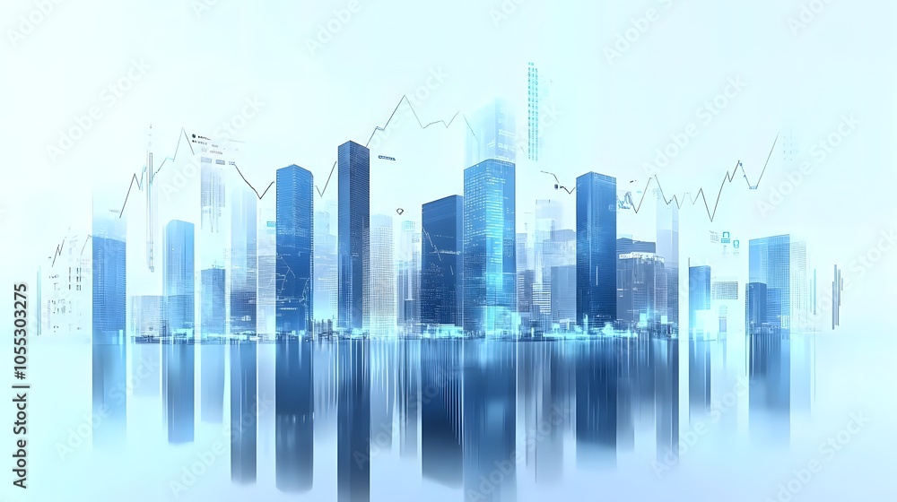 Futuristic Cityscape with Skyscrapers and Transparent Data Overlay, Featuring Digital Finance Aesthetic in Blue and White Tones, Reflecting Economic Growth and Technology-Driven Urban Landscape Futuristic Cityscape with Skyscrapers and Transparent Data Overlay, Featuring Digital Finance Aesthetic in Blue and White Tones, Reflecting Economic Growth and Technology-Driven Urban Landscape