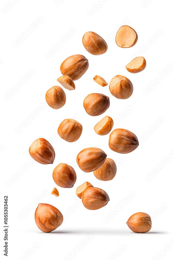 Floating pieces of roasted chestnuts, isolated on white background Floating pieces of roasted chestnuts, isolated on white background