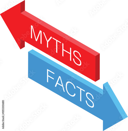 Red and blue arrows pointing in opposite directions with the words myths and facts written on them, representing the contrast between truth and misinformation