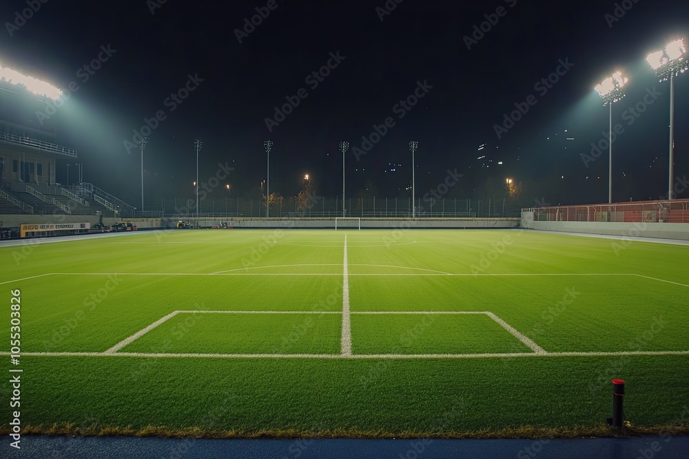 Fototapeta premium football stadium prepared for the evening match. View of the football stadium field. sports background for advertising. 