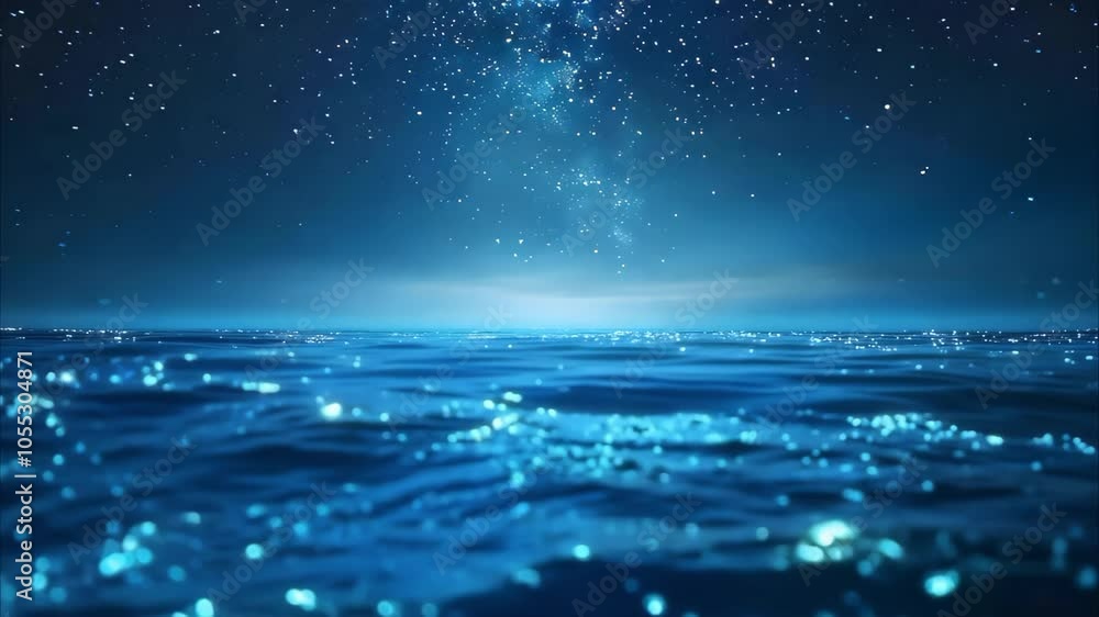 A tranquil ocean scene beneath a starry night sky, with shimmering waves reflecting light. A tranquil ocean scene beneath a starry night sky, with shimmering waves reflecting light.
