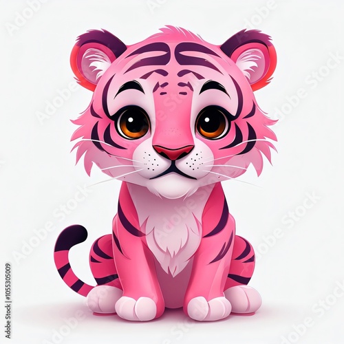 cute cartoon of a pink tiger cub, isolated on white background