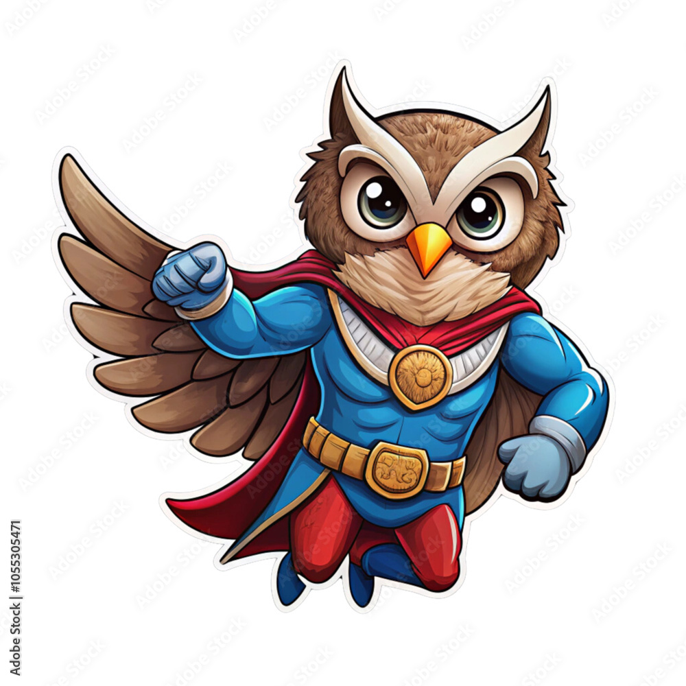 Cute chibi character art sticker of an owl super hero player on a white background. Cute chibi character art sticker of an owl super hero player on a white background.