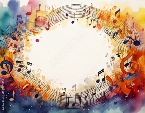 watercolor of music notes all around with empty copy space in the middle