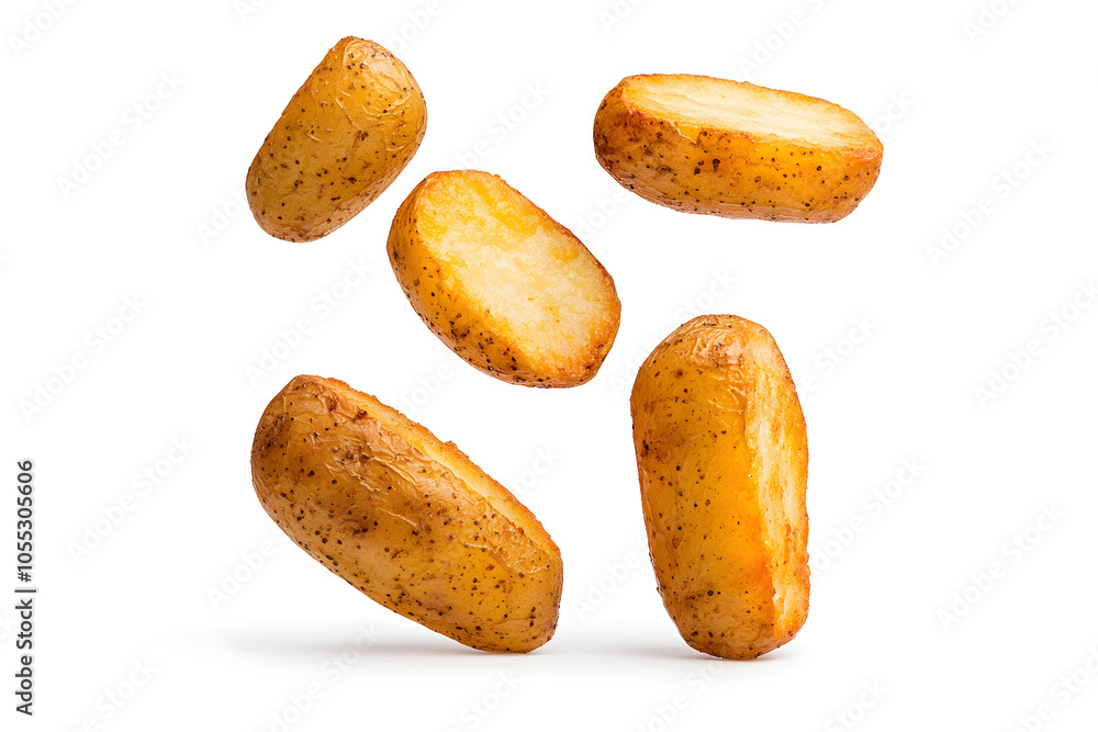 Fototapeta premium Floating roasted potatoes, isolated on white background.