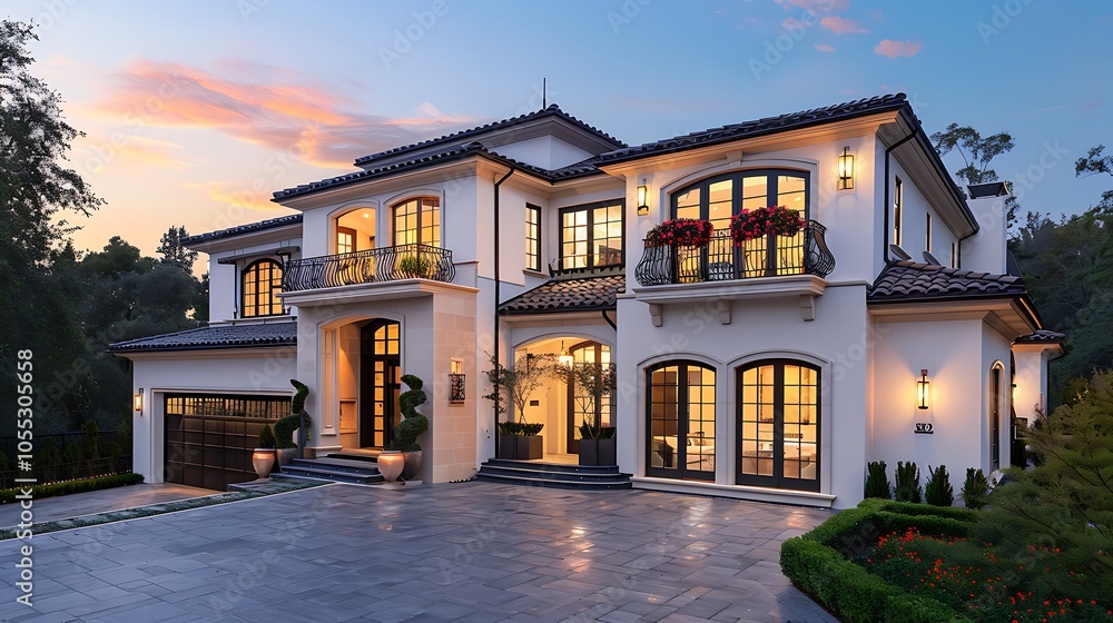 Elegant Mansion Exterior with Evening Illumination Elegant Mansion Exterior with Evening Illumination