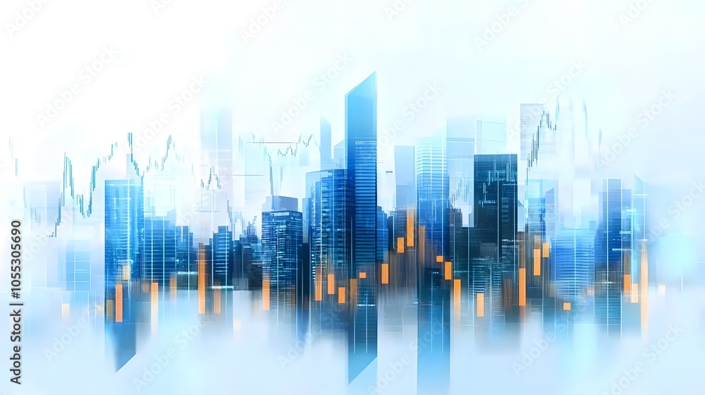 City Skyline Blended with Financial Graphs Using Double Exposure Effect, Featuring Transparent Buildings, Tech-Inspired Colors, and Digital Analytics for Economic Data Visualization in Futuristic City Skyline Blended with Financial Graphs Using Double Exposure Effect, Featuring Transparent Buildings, Tech-Inspired Colors, and Digital Analytics for Economic Data Visualization in Futuristic