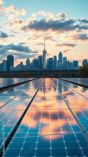 A wide-angle view of the calgary skyline reflected in a field of solar panels the image symbolizes t solar panel Ultra realistic Photorealistic  photo