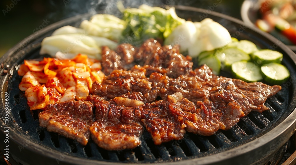 Sizzling Meats and Vegetables in Backyard BBQ Setting Sizzling Meats and Vegetables in Backyard BBQ Setting
