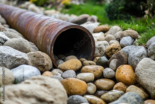 Facilitate Water Drainage: Pipe Installation with Stones and Gravel for French Drain System photo