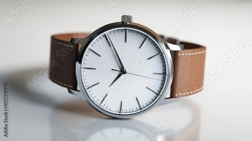 Classic Silver Wristwatch with Brown Leather Strap