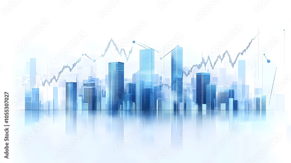 Minimalist Cityscape with Economic Data Elements and High-Rise Buildings in Blue Tones, Featuring Transparent Overlays and an Abstract Finance Theme to Represent Modern Business Growth in a Clean Minimalist Cityscape with Economic Data Elements and High-Rise Buildings in Blue Tones, Featuring Transparent Overlays and an Abstract Finance Theme to Represent Modern Business Growth in a Clean