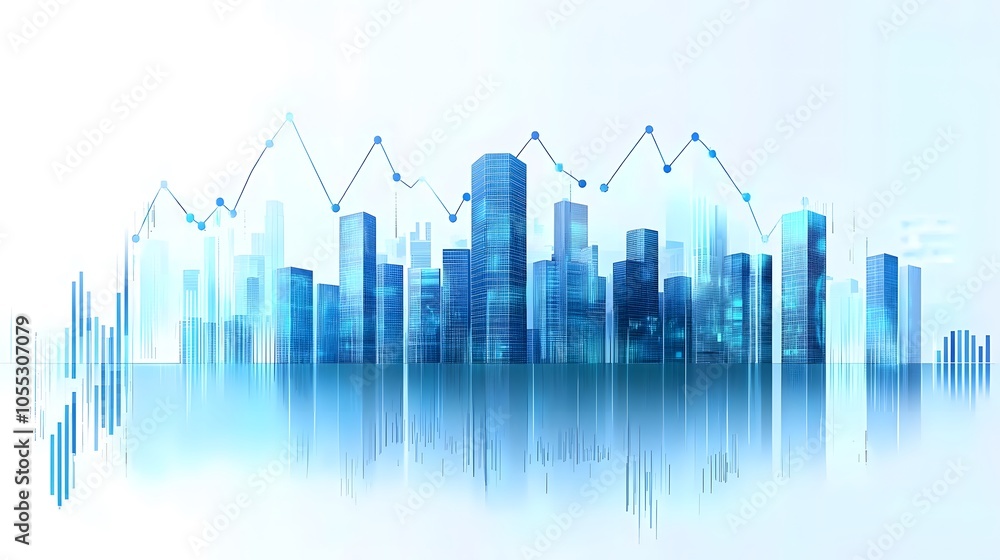 Minimalist Cityscape with Economic Data Elements and High-Rise Buildings in Blue Tones, Featuring Transparent Overlays and an Abstract Finance Theme to Represent Modern Business Growth in a Clean Minimalist Cityscape with Economic Data Elements and High-Rise Buildings in Blue Tones, Featuring Transparent Overlays and an Abstract Finance Theme to Represent Modern Business Growth in a Clean