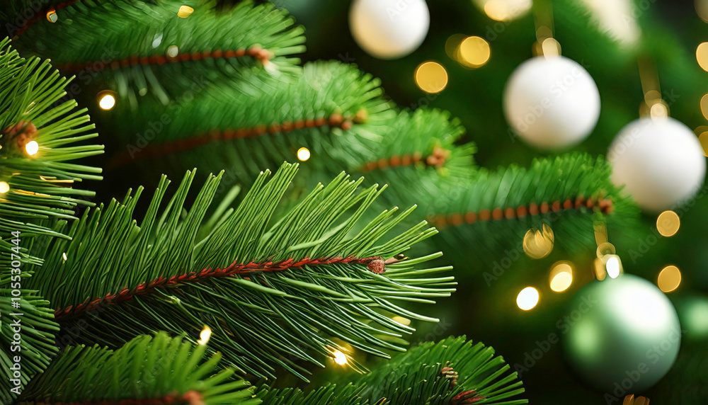 Christmas tree branch with lights and ornaments blurred in background Christmas tree branch with lights and ornaments blurred in background