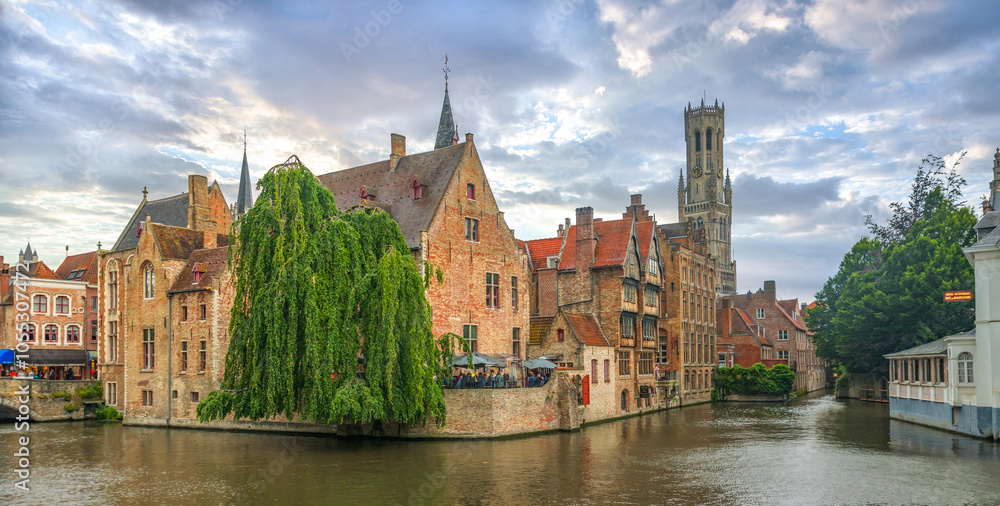 The Belfry Tower and canals in the beautiful city of Bruges Belgium